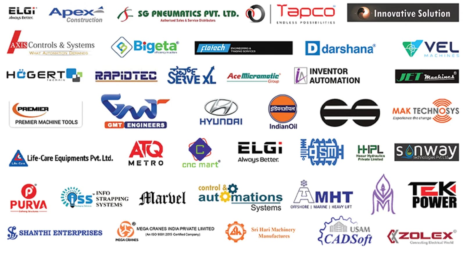 Logos of companies that have exhibited at INDTEC EXPO — including machine tool builders, automation suppliers and engineering component manufacturers