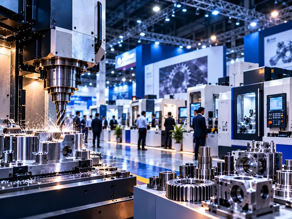 CNC machining centre cutting a component on the INDTEC EXPO floor