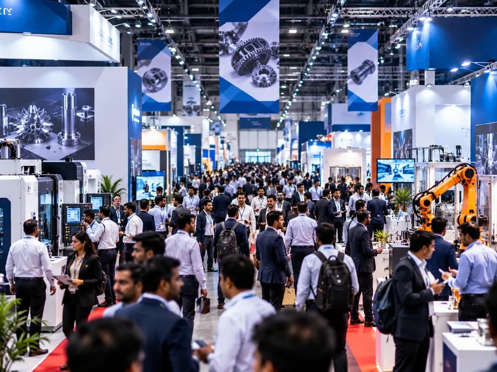 Crowded INDTEC EXPO aisle with trade visitors walking past machinery stands