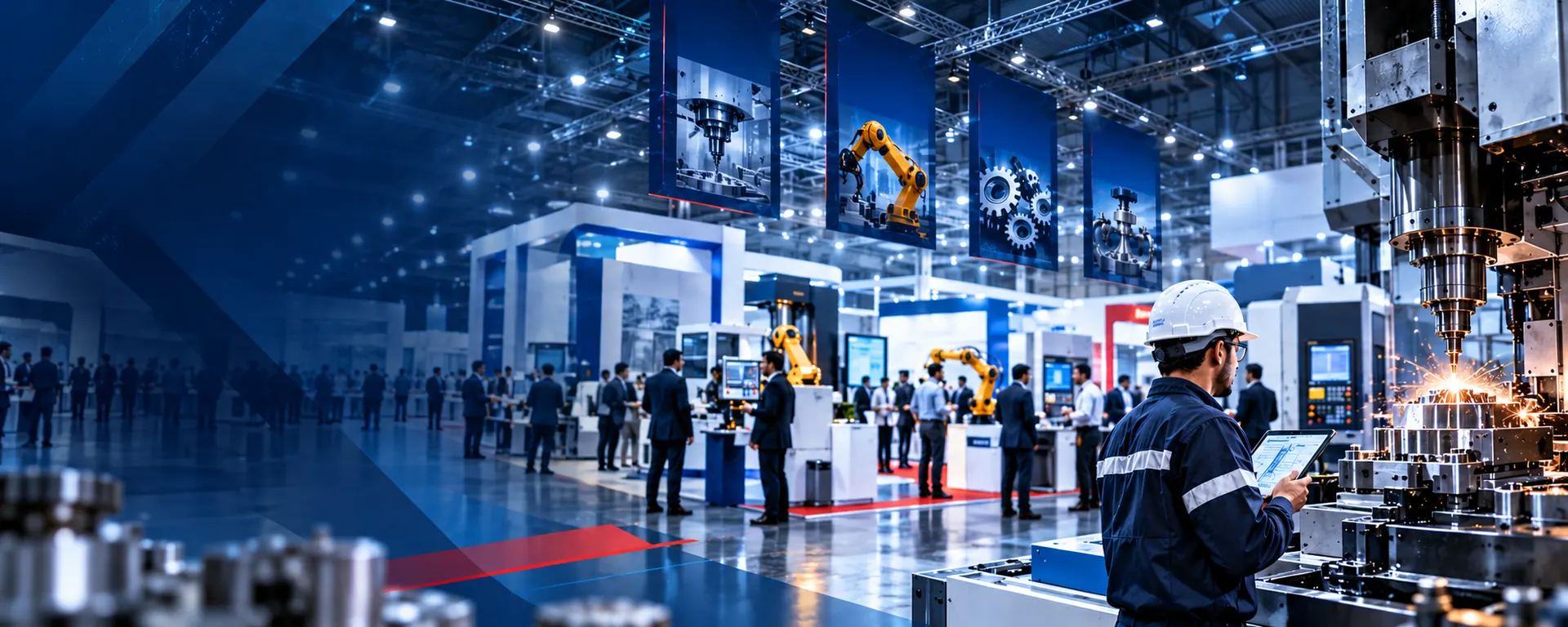 Visitors walking a high-tech industrial automation exhibition floor with robotic arms and CNC machining on display